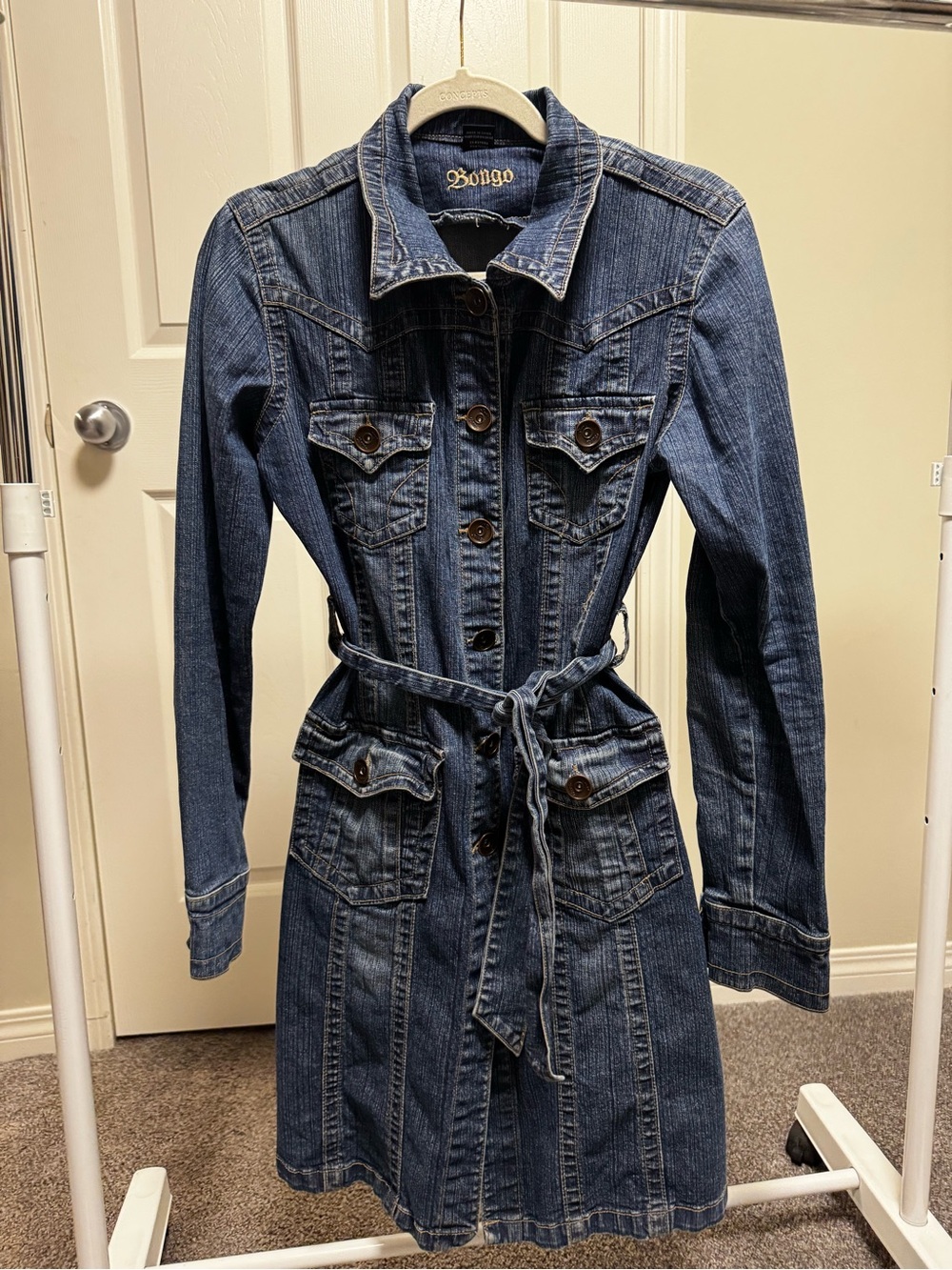 Vintage Women's Dark Blue Denim Long Trench Jacket M